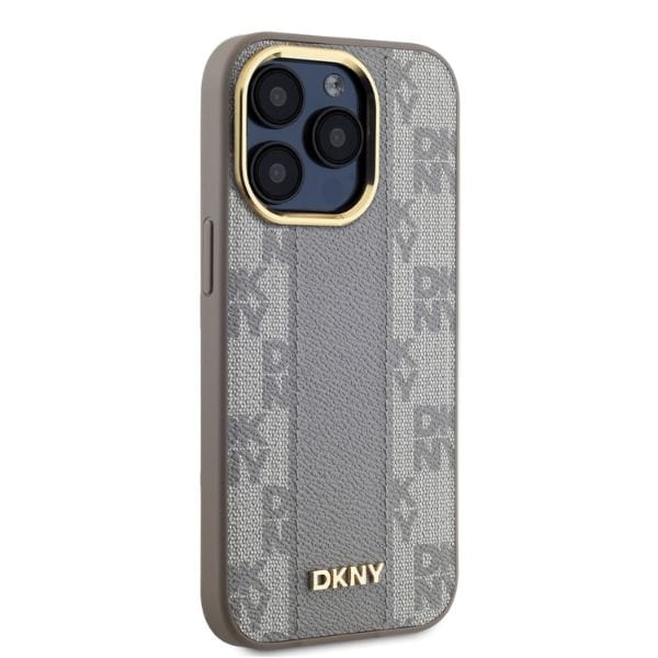 DKNY MagSafe iPhone 15 Pro Max-etui i skinn med rutete ensfarget mønster - Beige