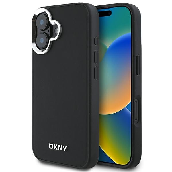 DKNY MagSafe iPhone 16-etui med sølvfarget logo - svart