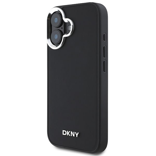 DKNY MagSafe iPhone 16-etui med sølvfarget logo - svart