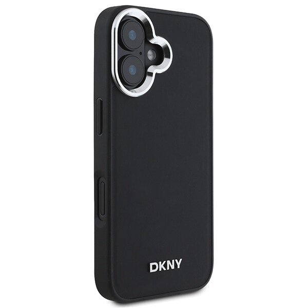 DKNY MagSafe iPhone 16-etui med sølvfarget logo - svart
