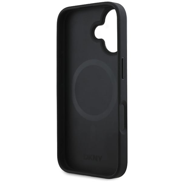 DKNY MagSafe iPhone 16-etui med sølvfarget logo - svart