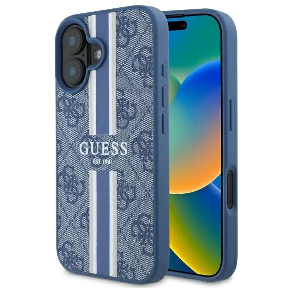 Guess 4G MagSafe-etui med trykte striper for iPhone 16 - blå