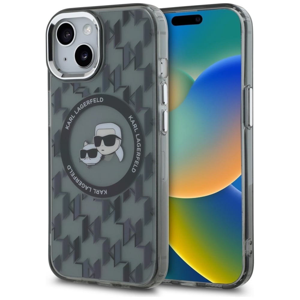 Karl Lagerfeld IML Monogram Karl & Choupette Head MagSafe iPhone 15 Plus-etui - svart