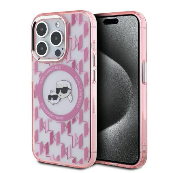 Karl Lagerfeld IML Monogram Karl & Choupette Head MagSafe-etui for iPhone 15 Pro Max - Rosa