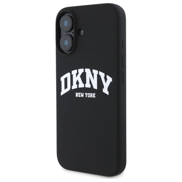 DKNY MagSafe iPhone 16-etui i silikon med hvit trykt logo - svart