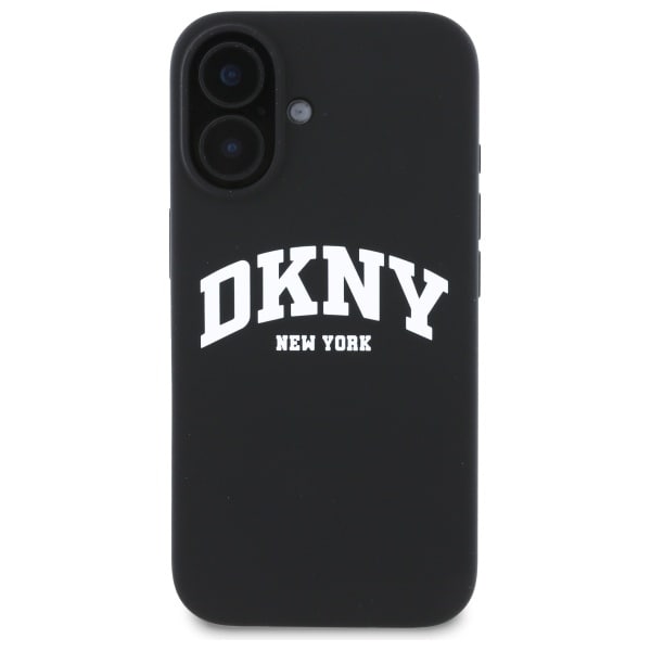 DKNY MagSafe iPhone 16-etui i silikon med hvit trykt logo - svart