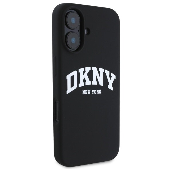 DKNY MagSafe iPhone 16-etui i silikon med hvit trykt logo - svart