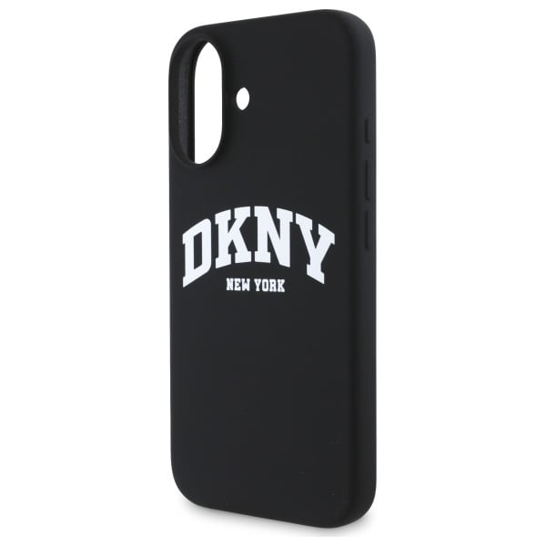DKNY MagSafe iPhone 16-etui i silikon med hvit trykt logo - svart