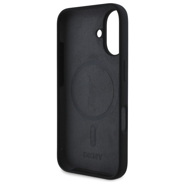 DKNY MagSafe iPhone 16-etui i silikon med hvit trykt logo - svart