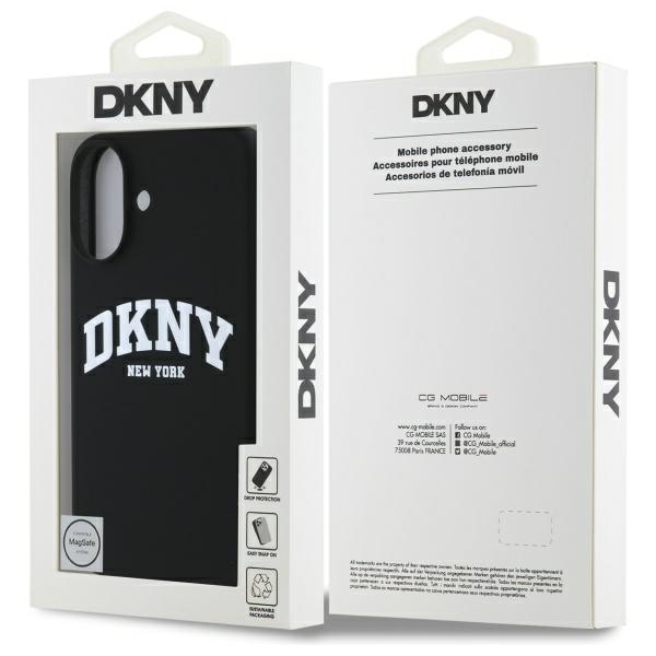 DKNY MagSafe iPhone 16-etui i silikon med hvit trykt logo - svart