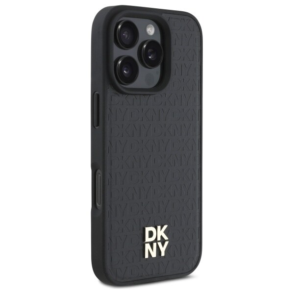 DKNY MagSafe iPhone 16 Pro Max-etui med gjentatt mønster og stablelogo - svart