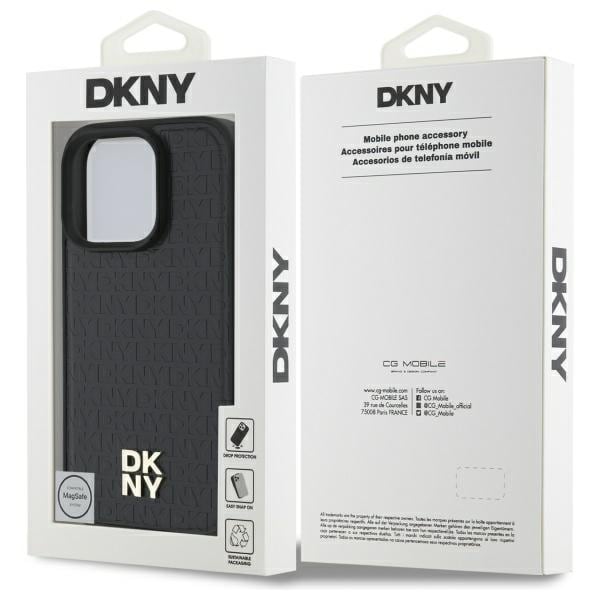 DKNY MagSafe iPhone 16 Pro Max-etui med gjentatt mønster og stablelogo - svart