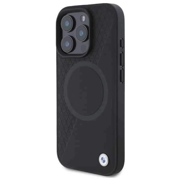 BMW Sign Leather Half Textured And Circle MagSafe-etui i lær for iPhone 16 Pro Max - svart