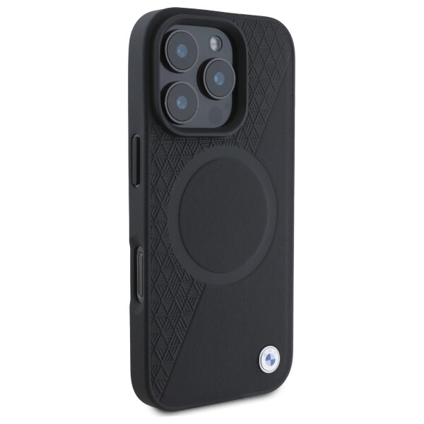 BMW Sign Leather Half Textured And Circle MagSafe-etui i lær for iPhone 16 Pro Max - svart