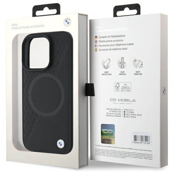 BMW Sign Leather Half Textured And Circle MagSafe-etui i lær for iPhone 16 Pro Max - svart