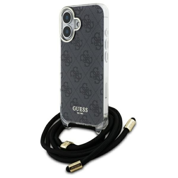 Guess Crossbody Cord 4G-etui med trykk for iPhone 16 - Svart
