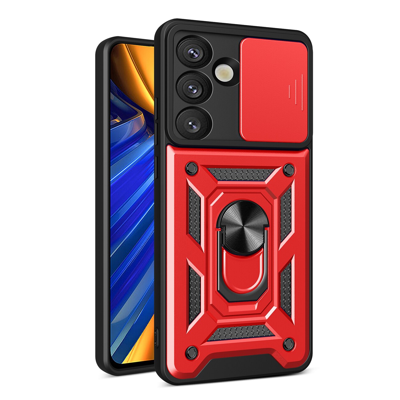 Hybrid Armor Camshield med kameradeksel og metallring for Samsung Galaxy S25 - Rød