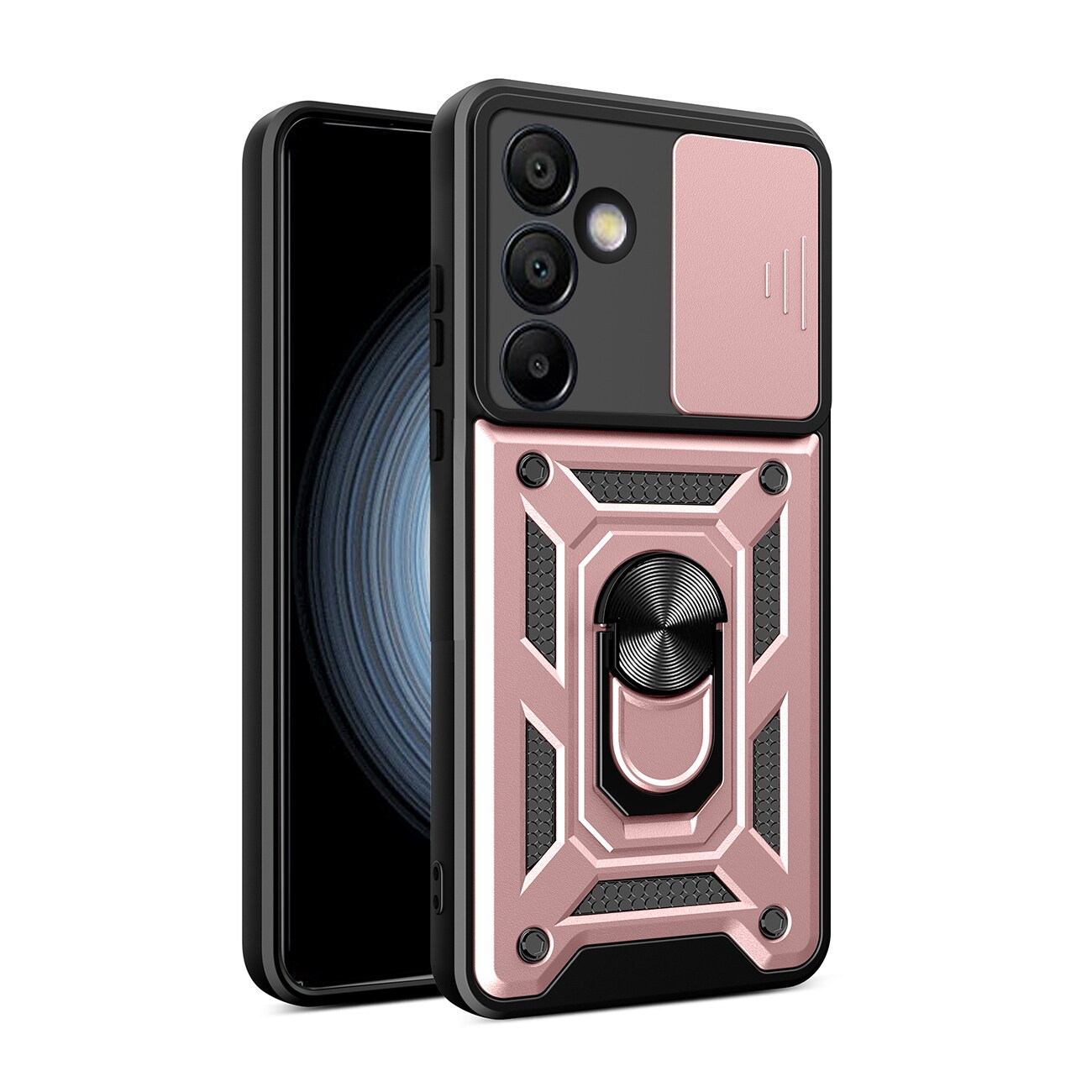 Hybrid Armor Camshield med kameradeksel og metallring for Samsung Galaxy S24 FE - Rosa