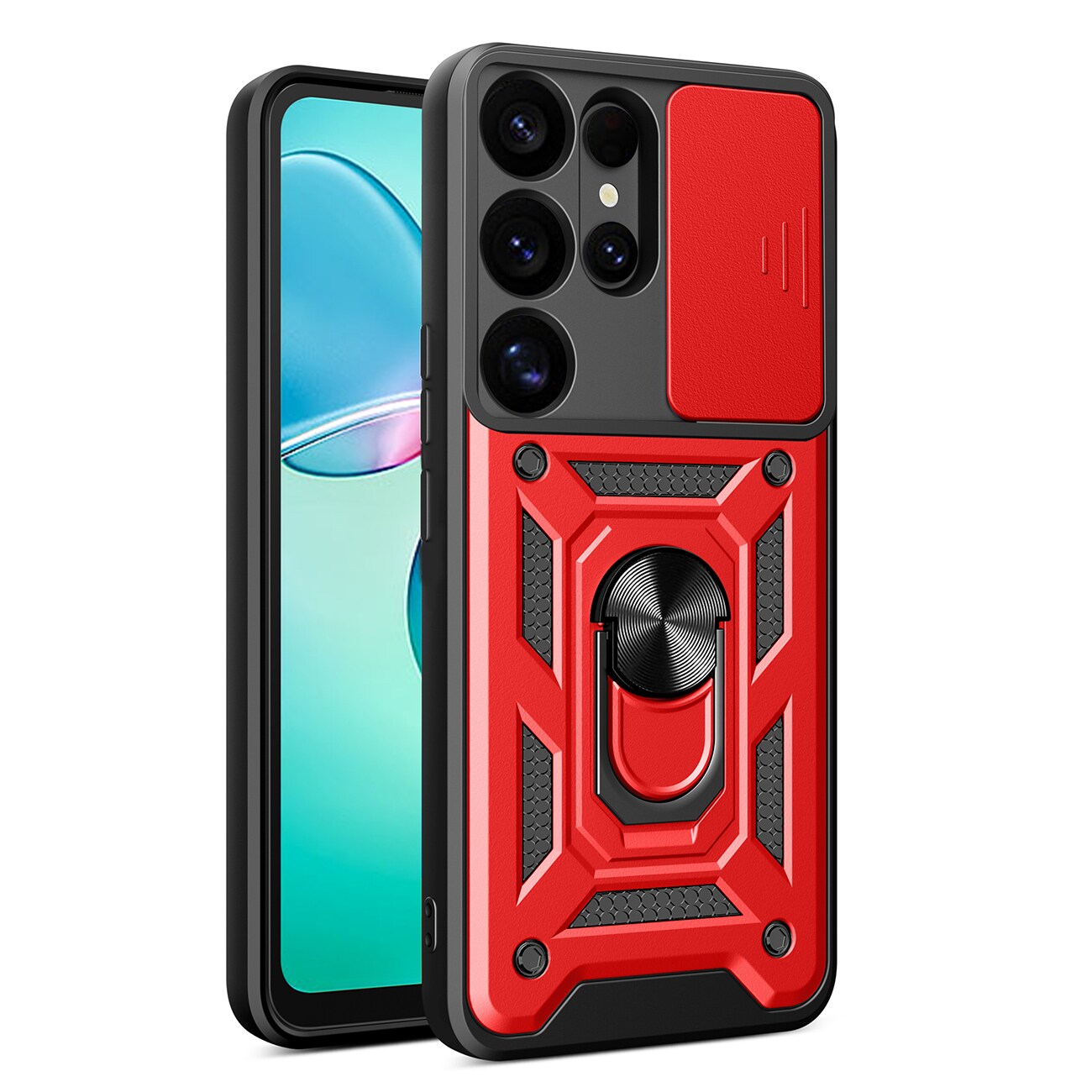 Hybrid Armor Camshield med kameradeksel og metallring for Samsung Galaxy S25 Ultra - Rød