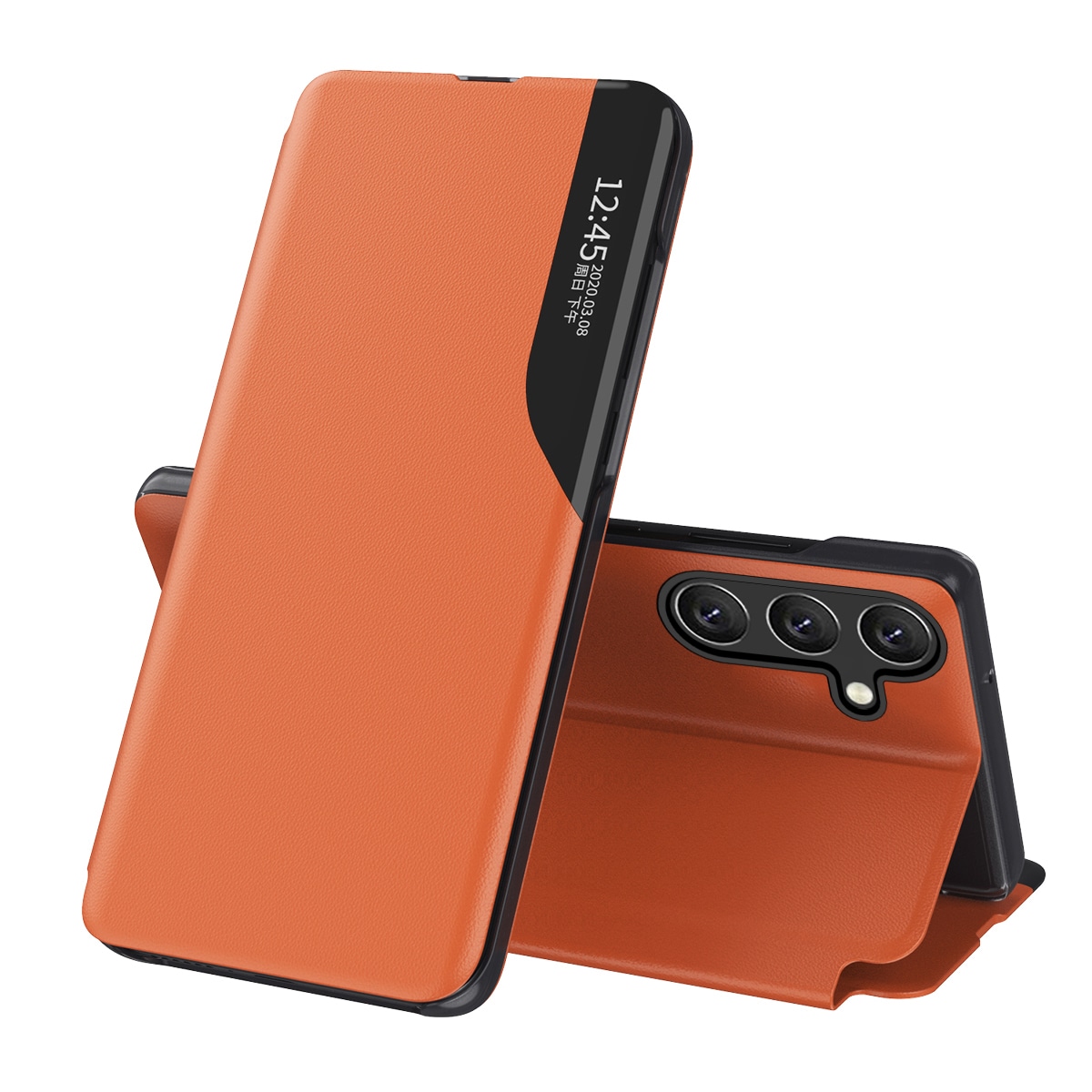 Eco Leather View Case elegant etui med klaff og stativfunksjon for Samsung Galaxy A36 - oransje