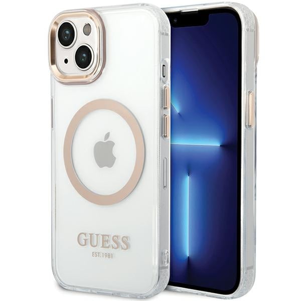 Guess MagSafe-etui med metallkonturer for iPhone 15 Plus / 14 Plus - gull