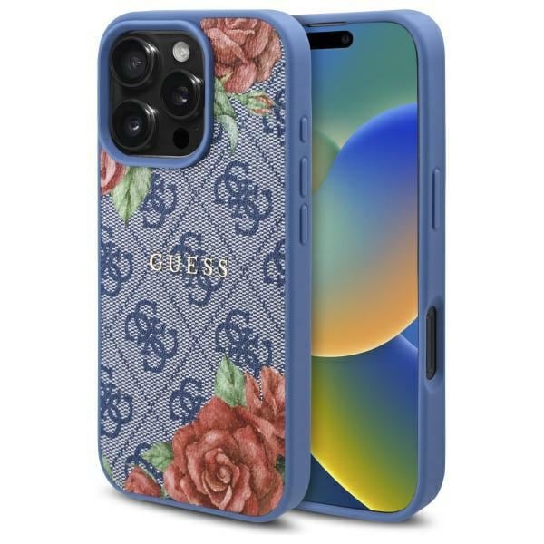 Guess 4G Flowers Print MagSafe-etui for iPhone 16 Pro Max - blå