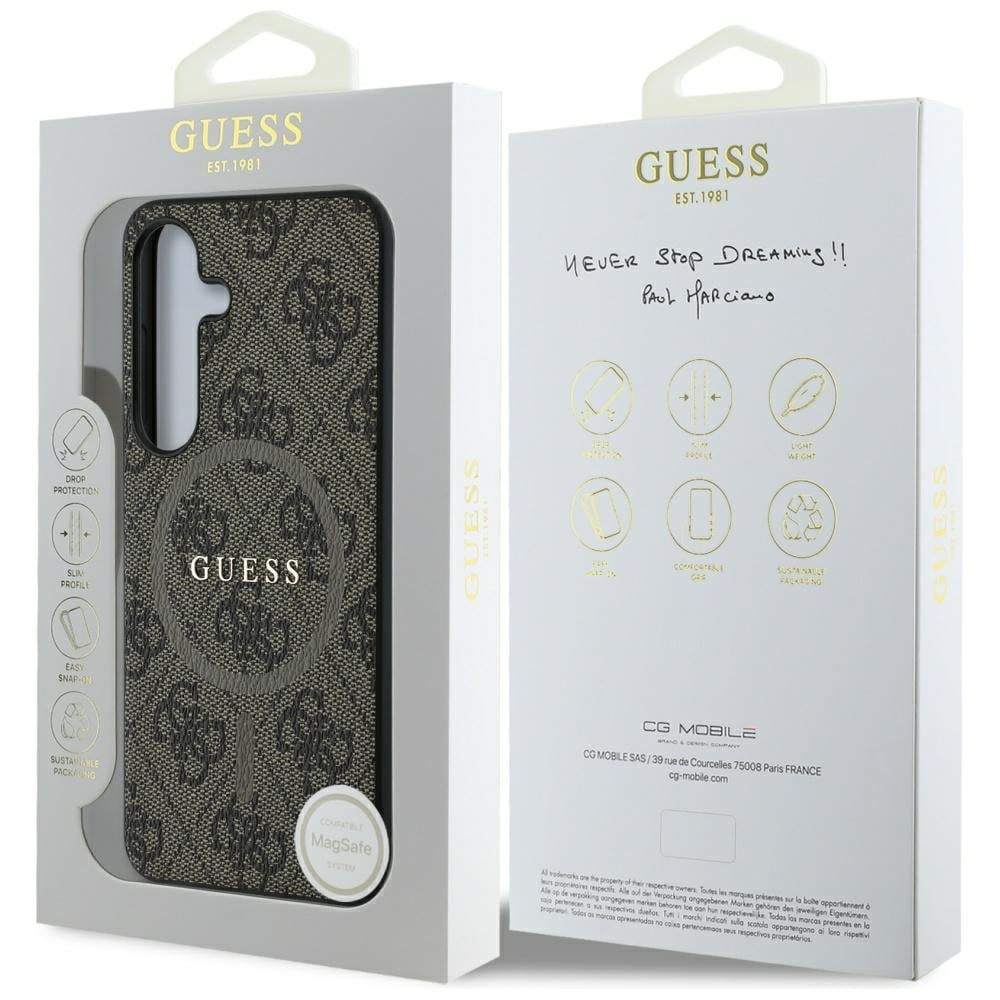 Guess 4G-farget ring i lær Classic Logo MagSafe Samsung Galaxy S25-etui brun