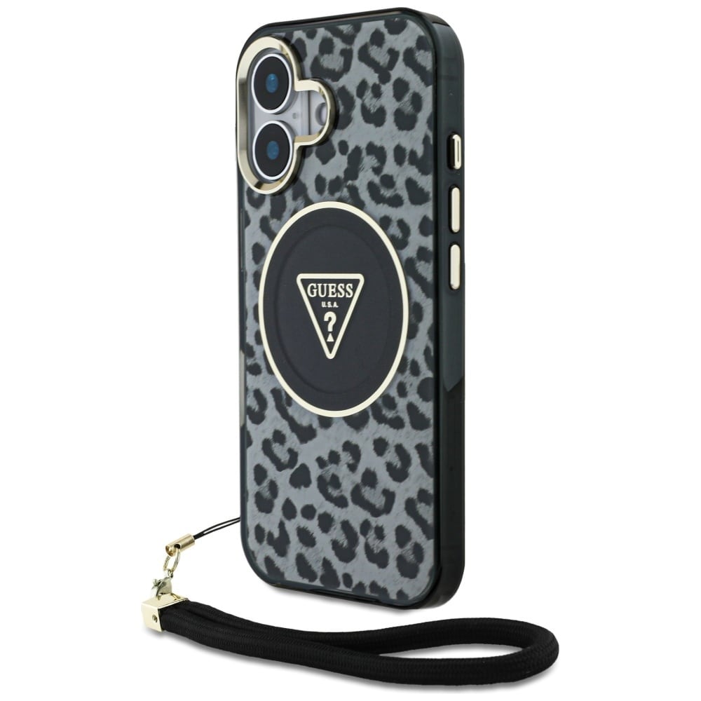 Guess HC IML Leopard Triangle Cord Strap MagSafe-etui for iPhone 16 - svart