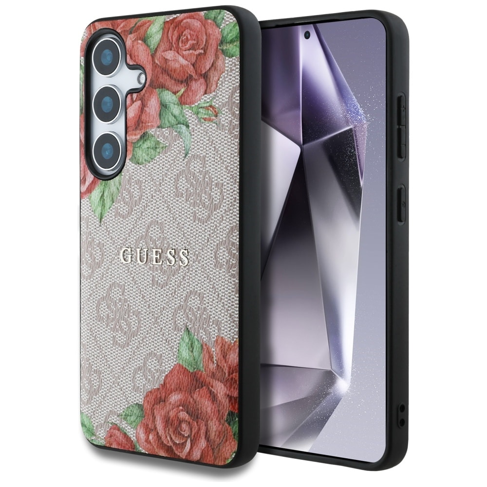 Guess Lær 4G-blomster i metall Classic Logo MagSafe-etui for Samsung Galaxy S25 - Rosa