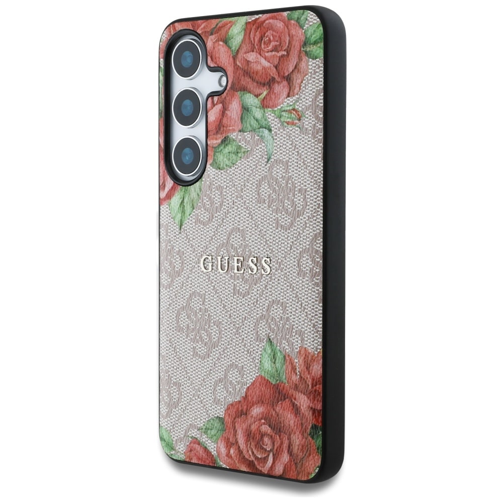 Guess Lær 4G-blomster i metall Classic Logo MagSafe-etui for Samsung Galaxy S25 - Rosa