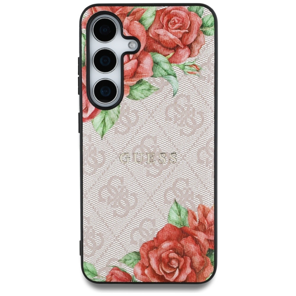 Guess Lær 4G-blomster i metall Classic Logo MagSafe-etui for Samsung Galaxy S25 - Rosa