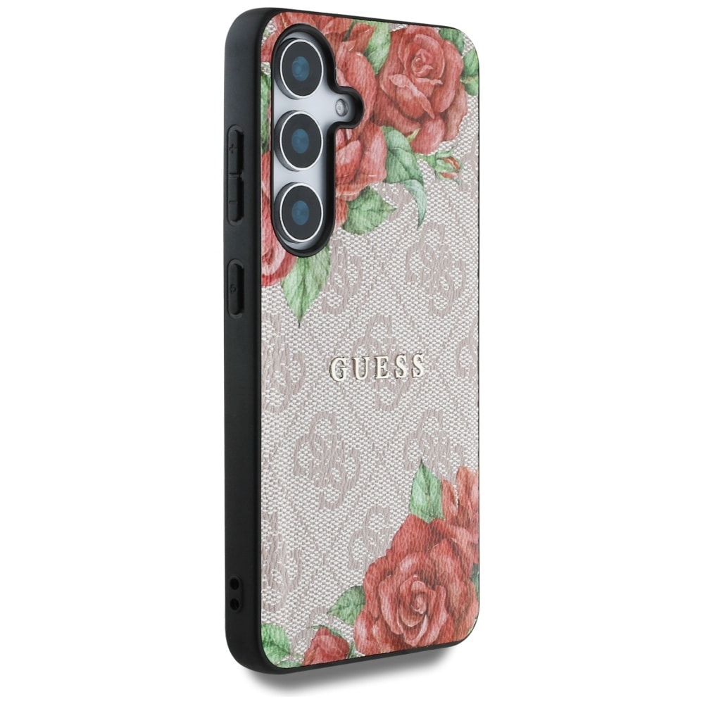 Guess Lær 4G-blomster i metall Classic Logo MagSafe-etui for Samsung Galaxy S25 - Rosa
