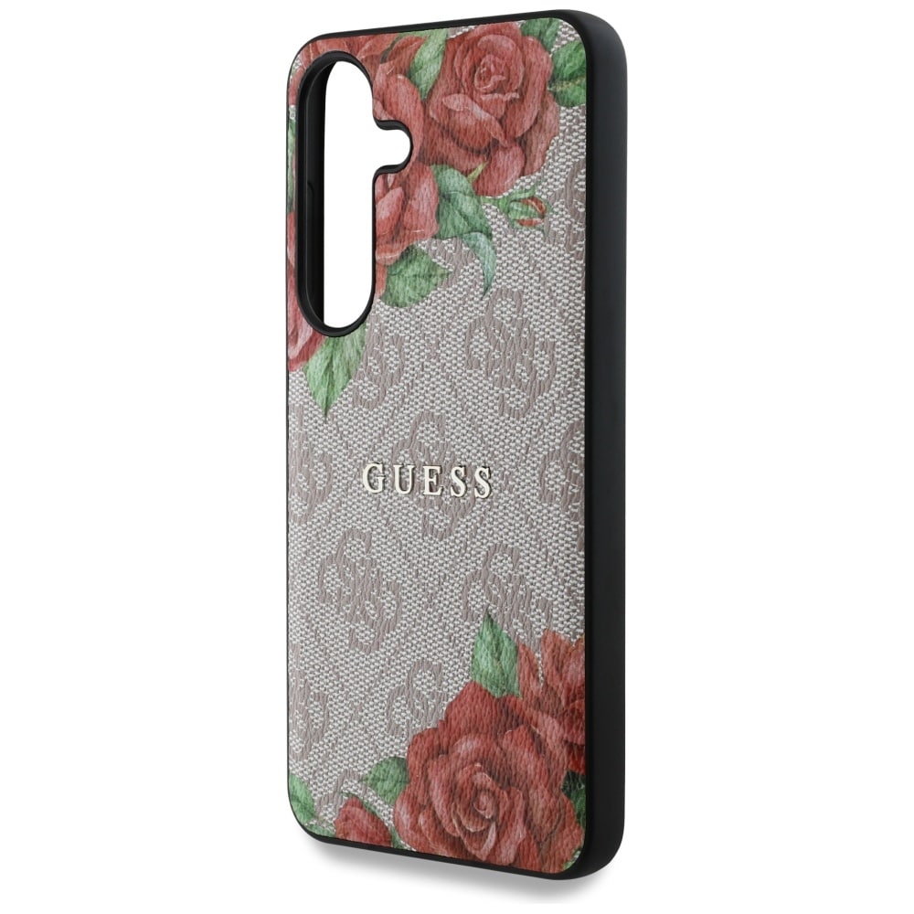 Guess Lær 4G-blomster i metall Classic Logo MagSafe-etui for Samsung Galaxy S25 - Rosa