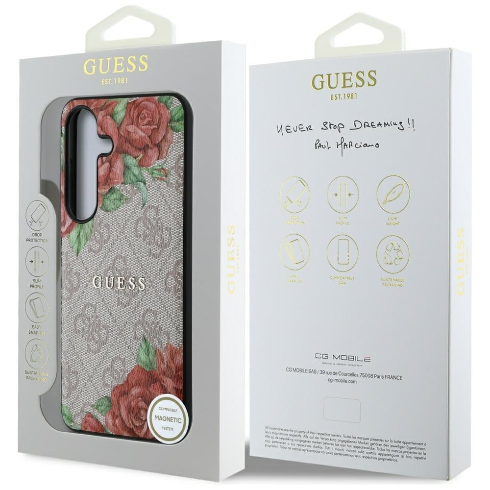 Guess Lær 4G-blomster i metall Classic Logo MagSafe-etui for Samsung Galaxy S25 - Rosa