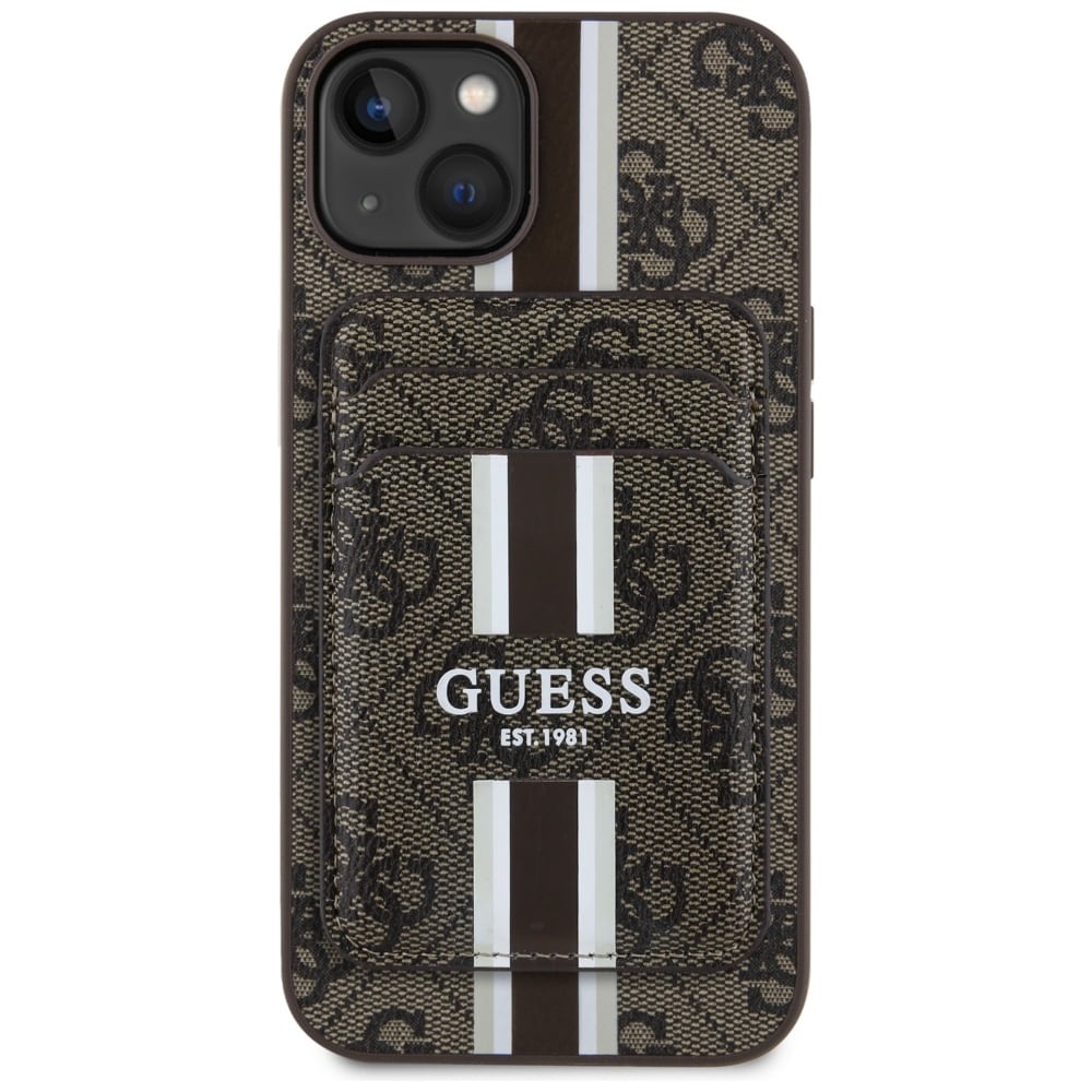 Guess 4G Stripes-etui med Magsafe-lommebok for iPhone 15 brun