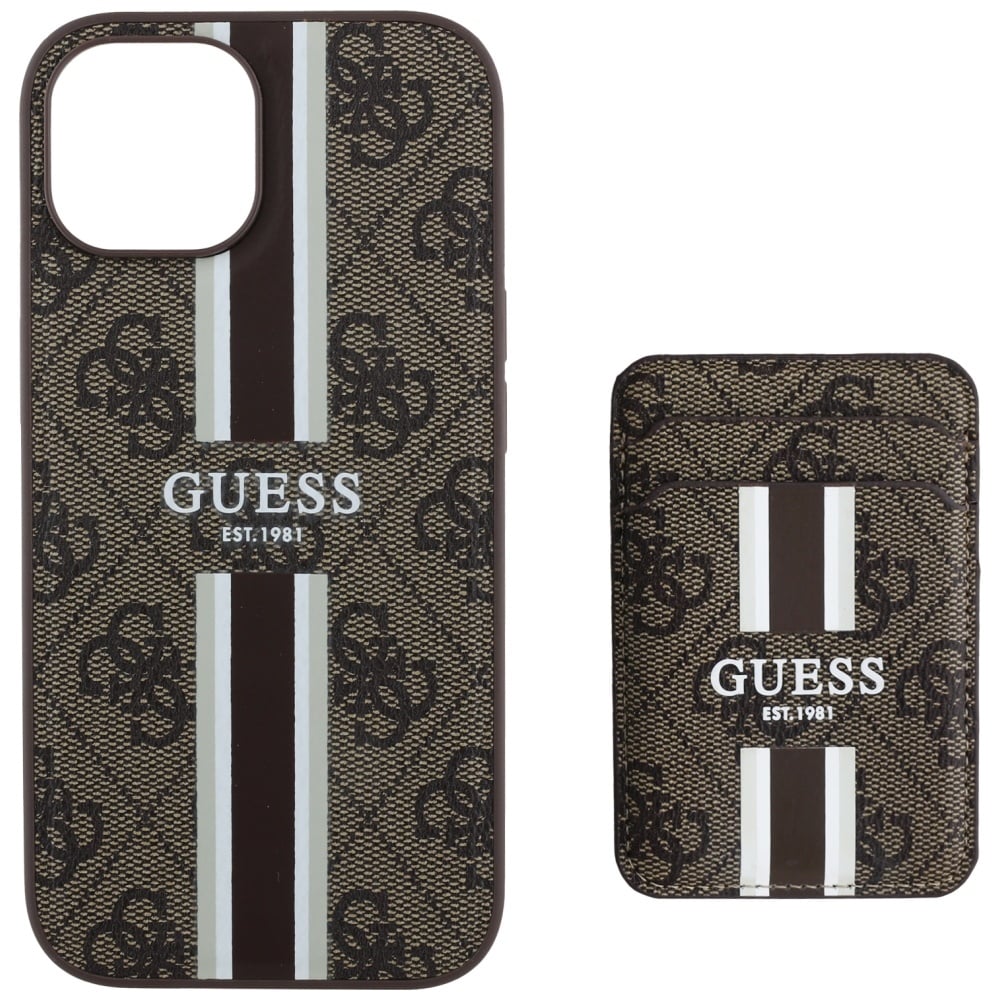 Guess 4G Stripes-etui med Magsafe-lommebok for iPhone 15 brun
