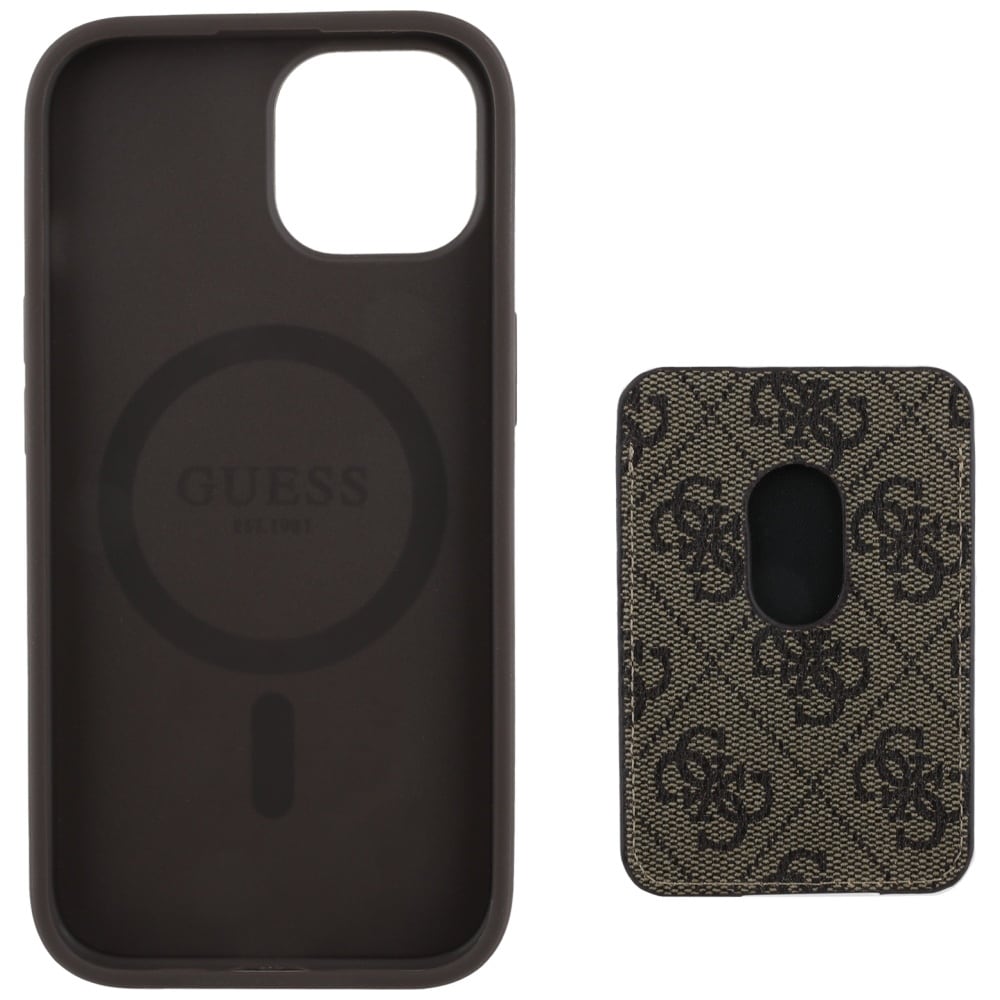 Guess 4G Stripes-etui med Magsafe-lommebok for iPhone 15 brun