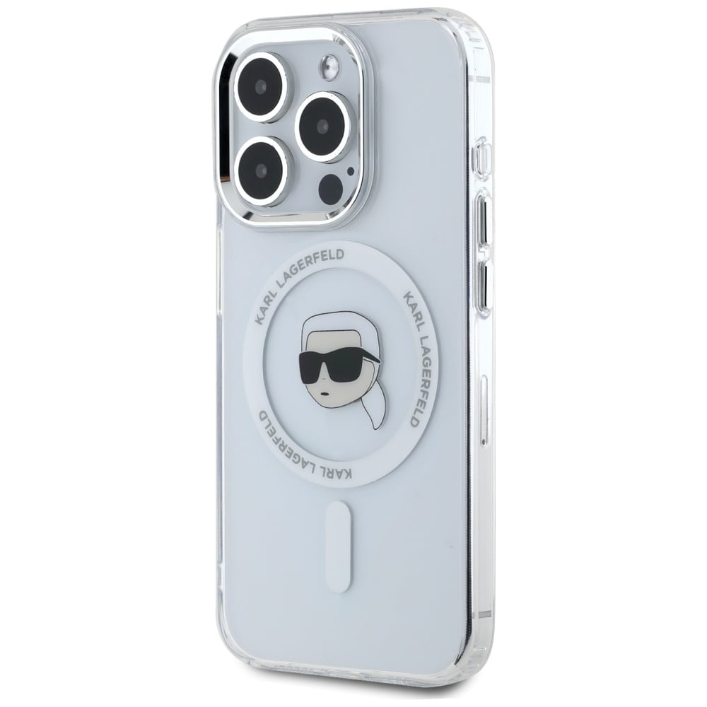 Karl Lagerfeld IML Metal Karl Head MagSafe-etui i metall for iPhone 15 Pro Hvit