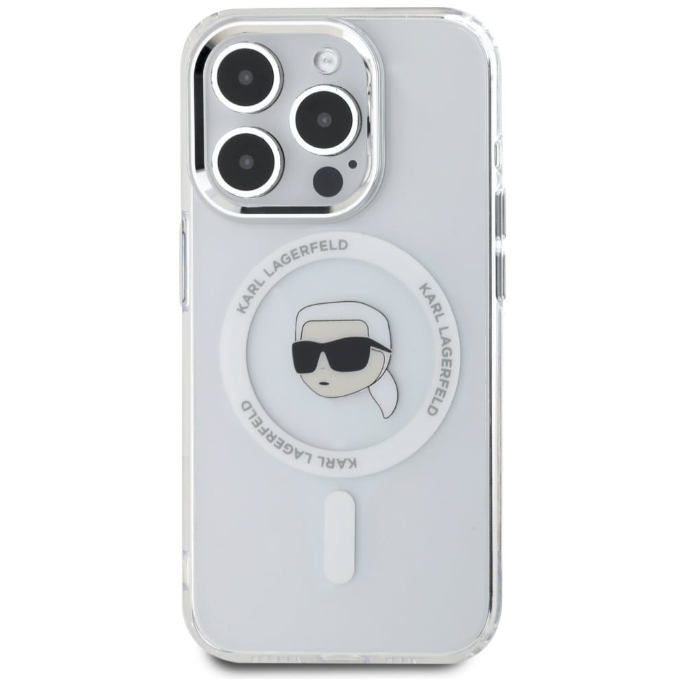 Karl Lagerfeld IML Metal Karl Head MagSafe-etui i metall for iPhone 15 Pro Hvit