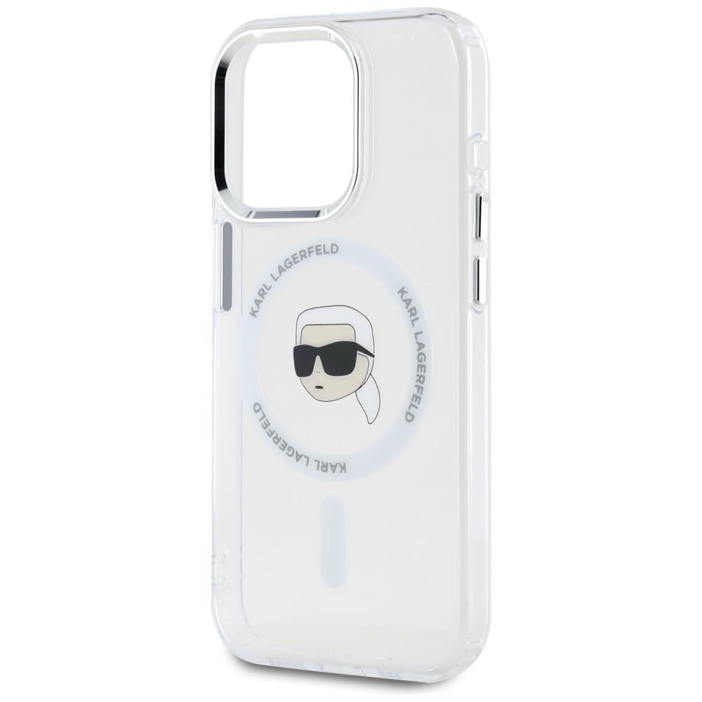 Karl Lagerfeld IML Metal Karl Head MagSafe-etui i metall for iPhone 15 Pro Hvit