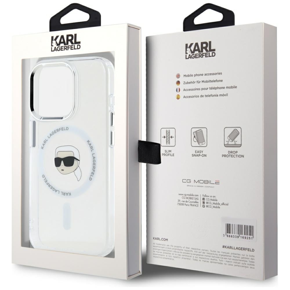 Karl Lagerfeld IML Metal Karl Head MagSafe-etui i metall for iPhone 15 Pro Hvit