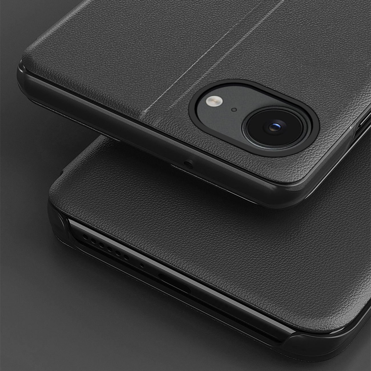 Eco Leather View Case elegant etui med klaff og stativ for iPhone 16e - svart