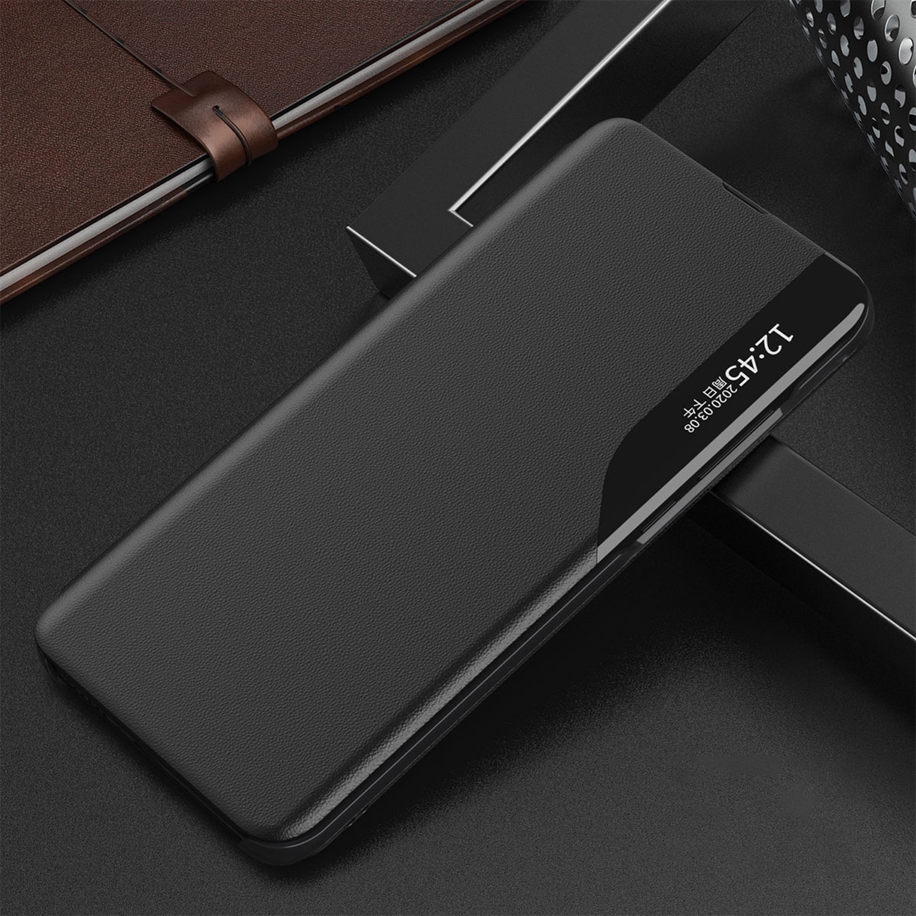 Eco Leather View Case elegant etui med klaff og stativ for iPhone 16e - svart