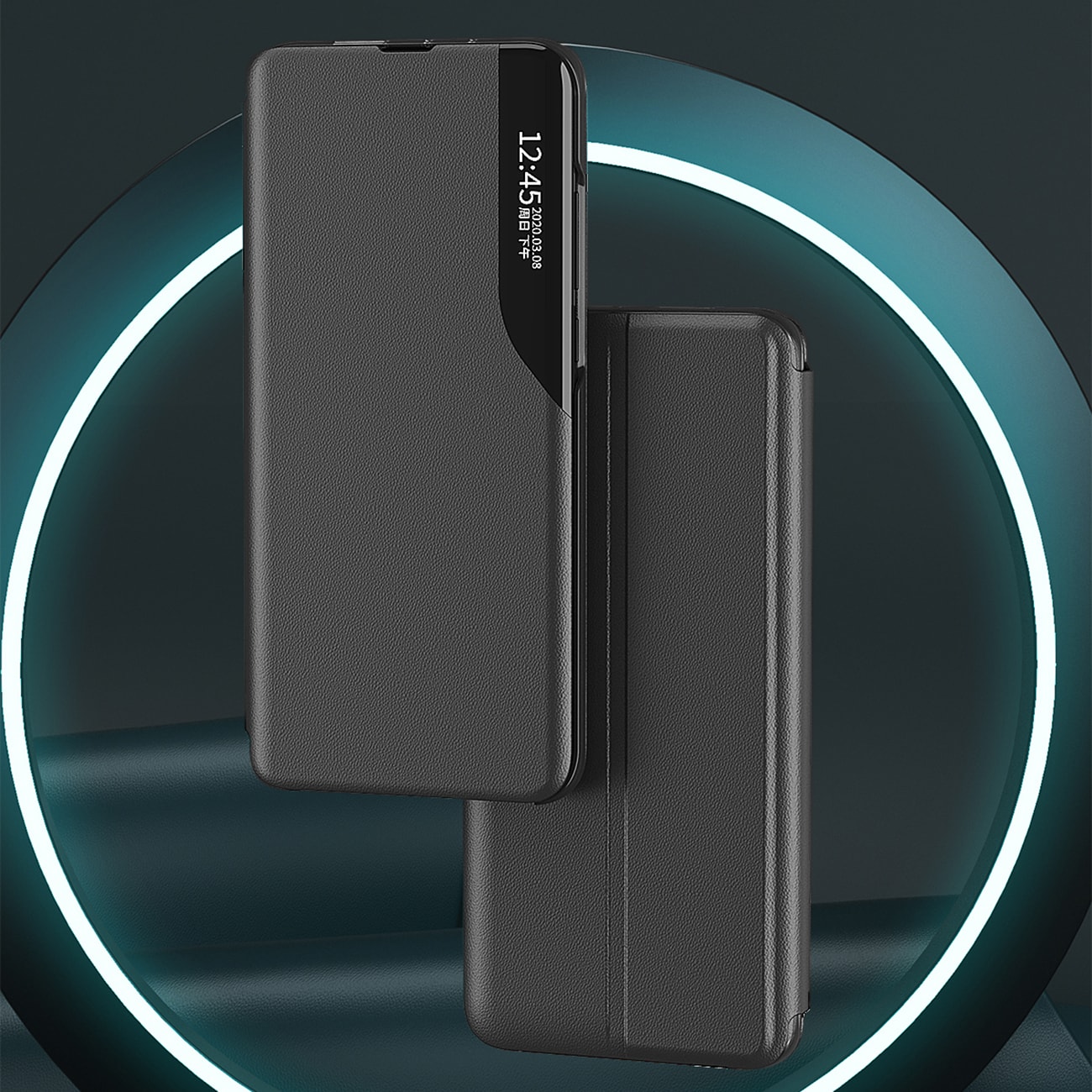 Eco Leather View Case elegant etui med klaff og stativ for iPhone 16e - svart