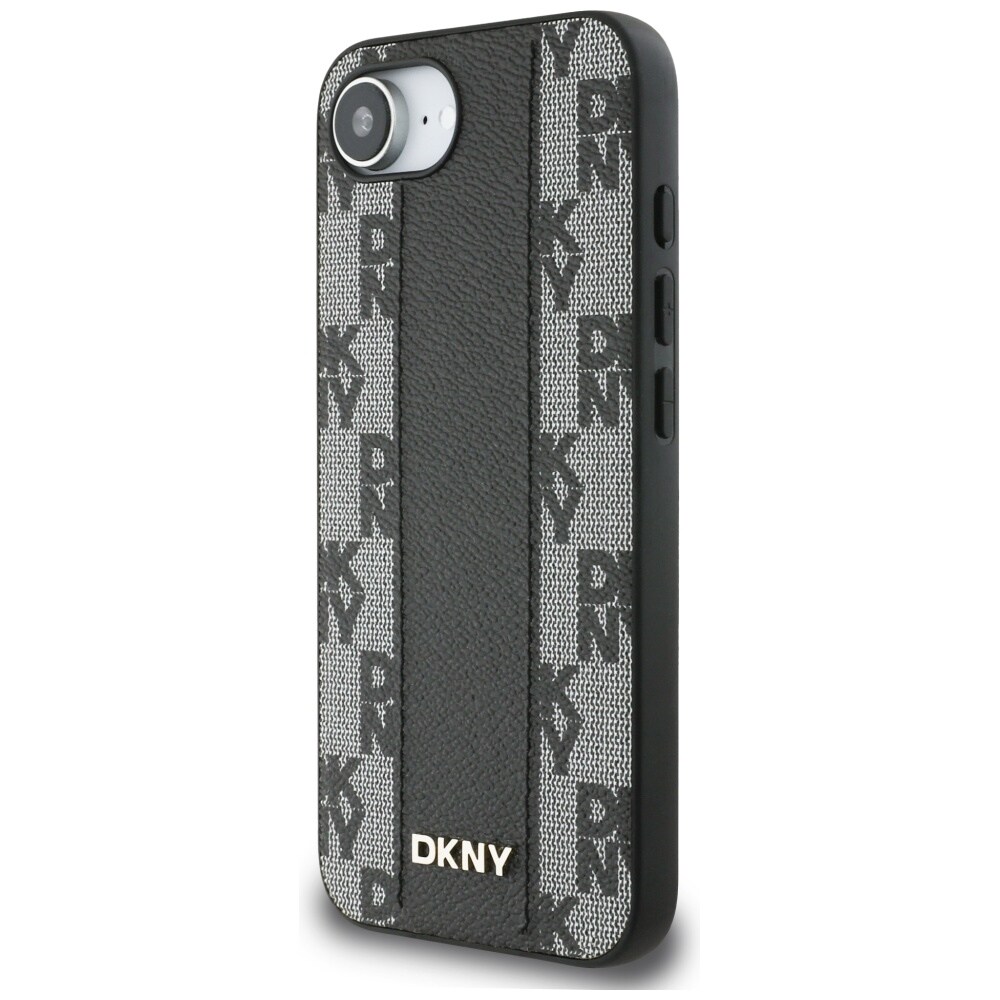 DKNY MagSafe iPhone 16e-etui i skinn med rutete ensfarget mønster - svart