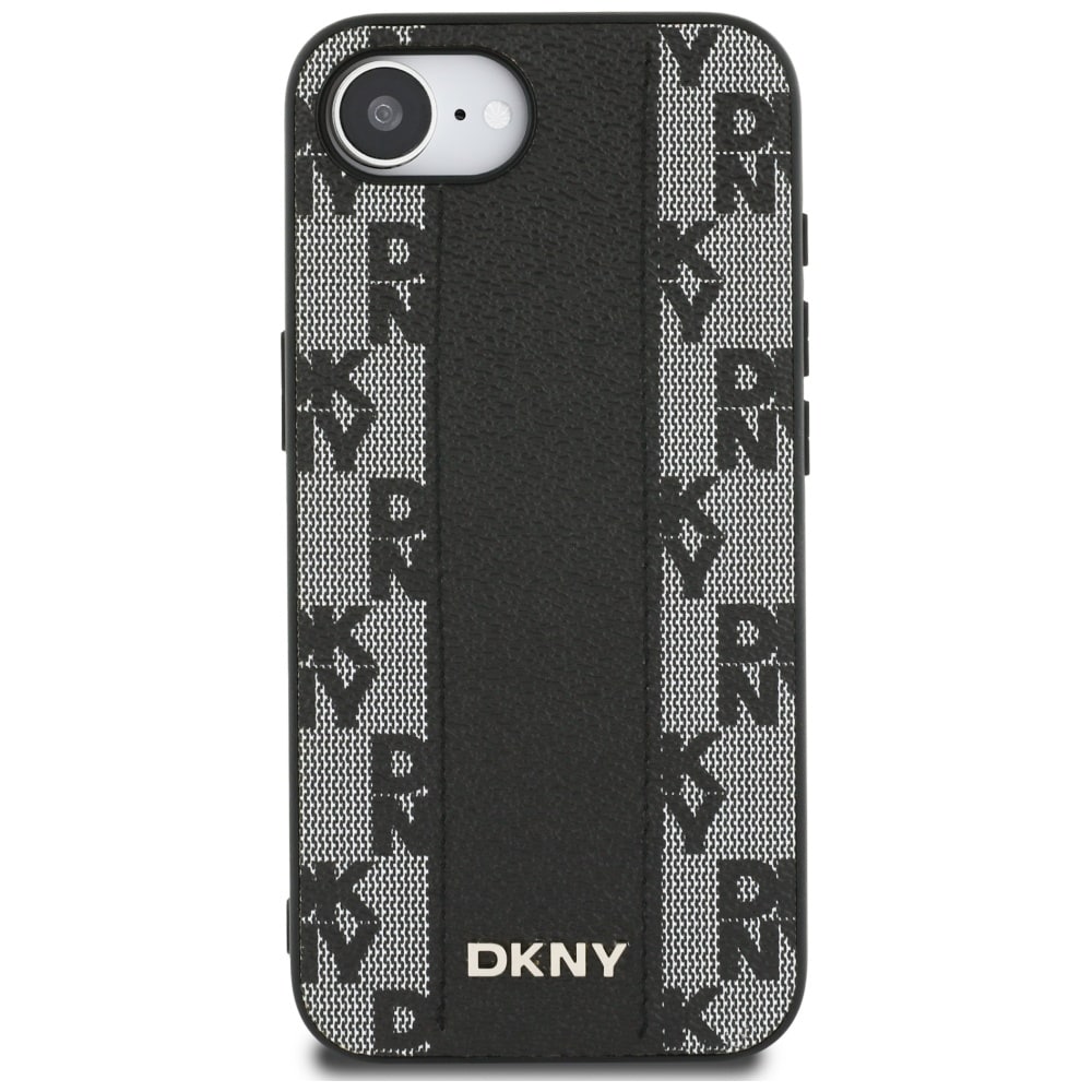 DKNY MagSafe iPhone 16e-etui i skinn med rutete ensfarget mønster - svart