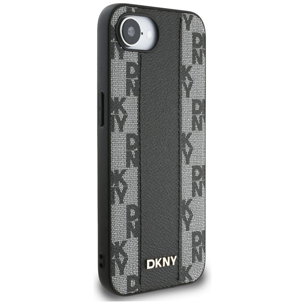 DKNY MagSafe iPhone 16e-etui i skinn med rutete ensfarget mønster - svart
