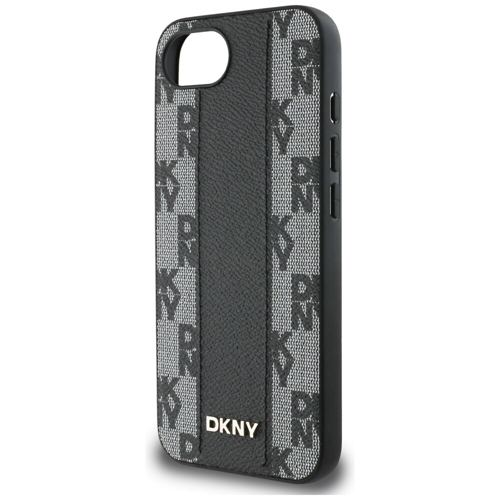 DKNY MagSafe iPhone 16e-etui i skinn med rutete ensfarget mønster - svart