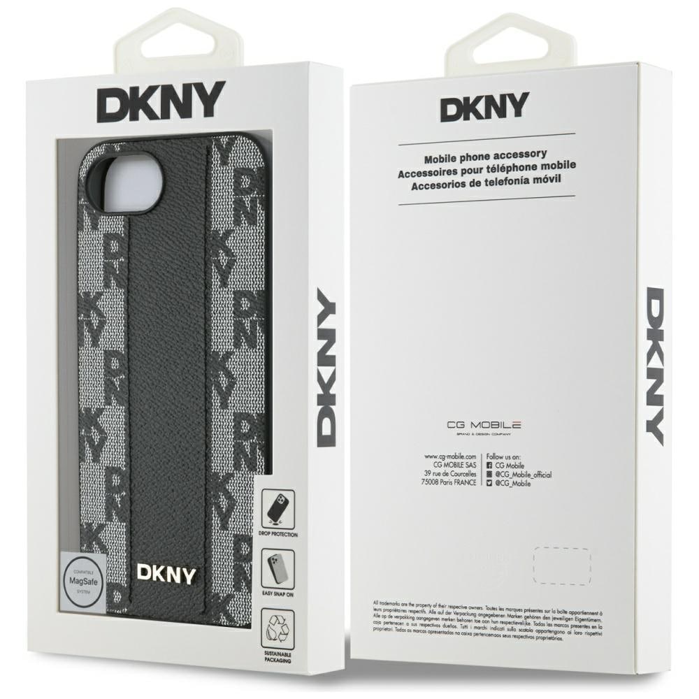 DKNY MagSafe iPhone 16e-etui i skinn med rutete ensfarget mønster - svart