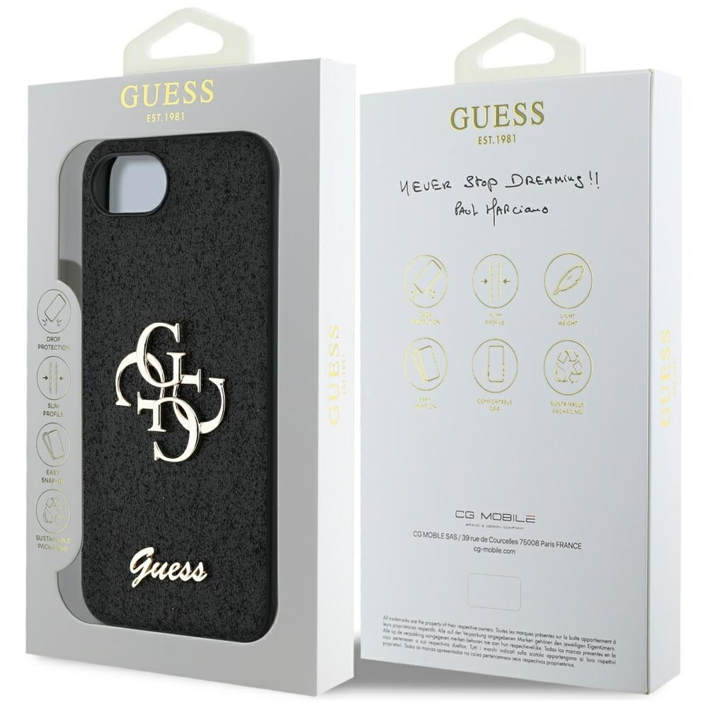 Guess Fast Glitter Big 4G-etui for iPhone 16e - svart